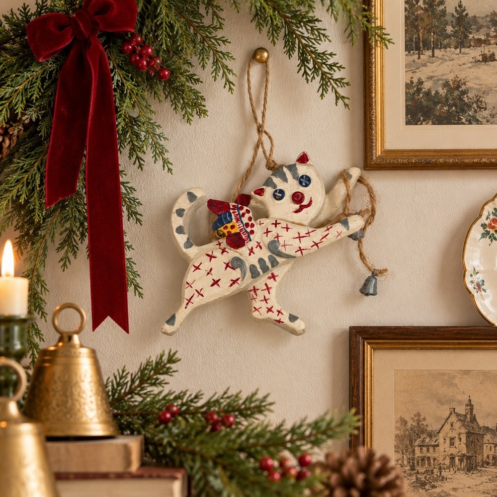 Vintage Folk Art Christmas Cat Ornament with Bell, Nostalgic Holiday Decor